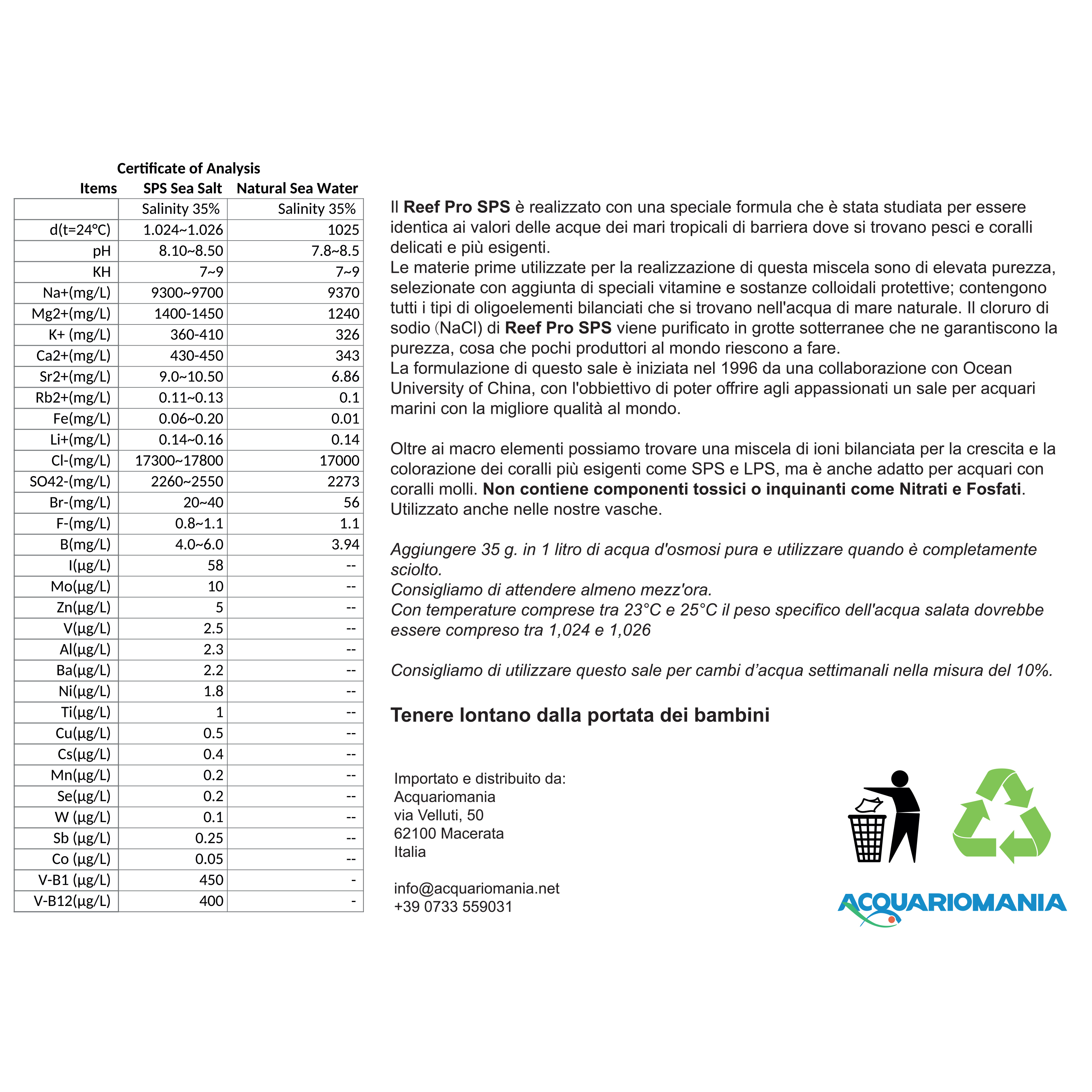 Acquariomania Reef Pro Coral Sps Sale per acquari di barriera 20Kg per circa 600l