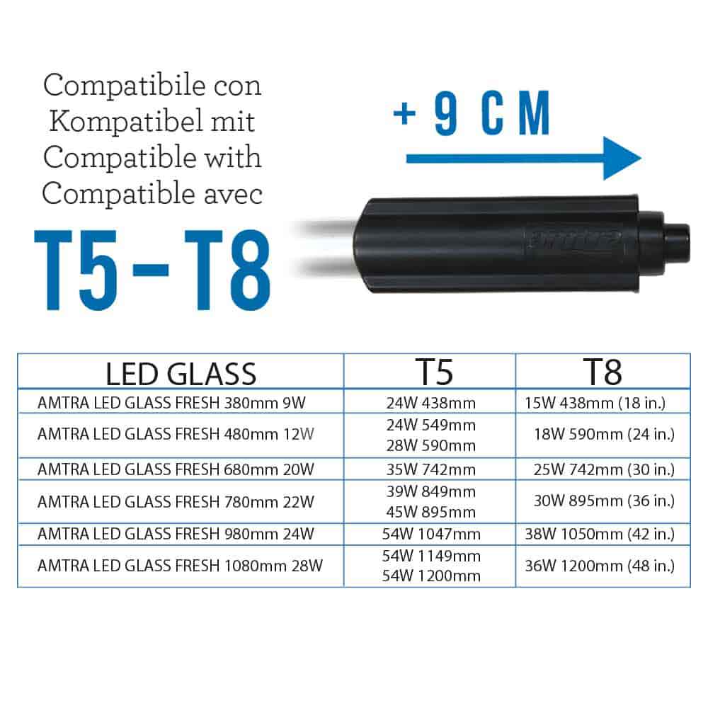 Amtra Led Glass Fresh Lampada a Led Regolabile con Dimmer e Timer inclusi 480mm 12W (T5 24/28W T8 18W)