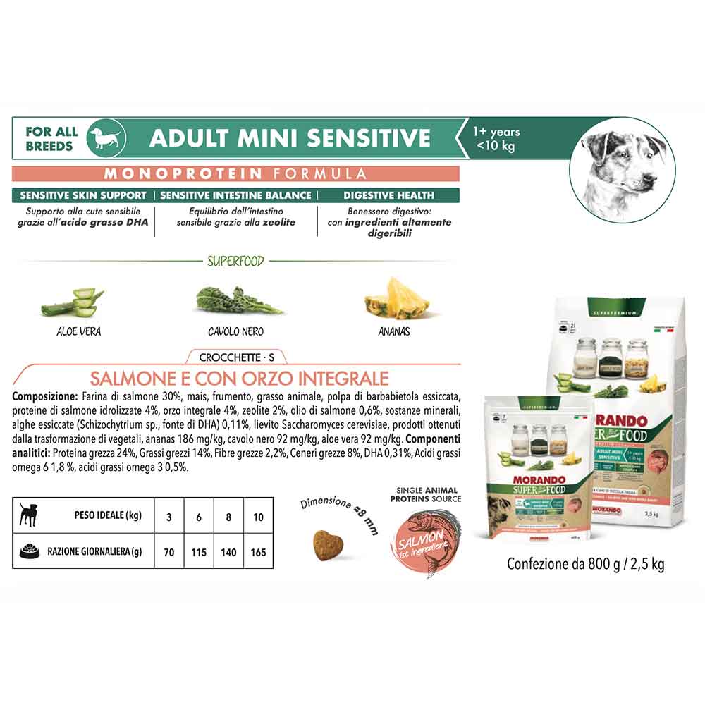 Morando Super Pet Food Adult Mini Sensitive Crocchette Salmone e con Orzo integrale 800 g