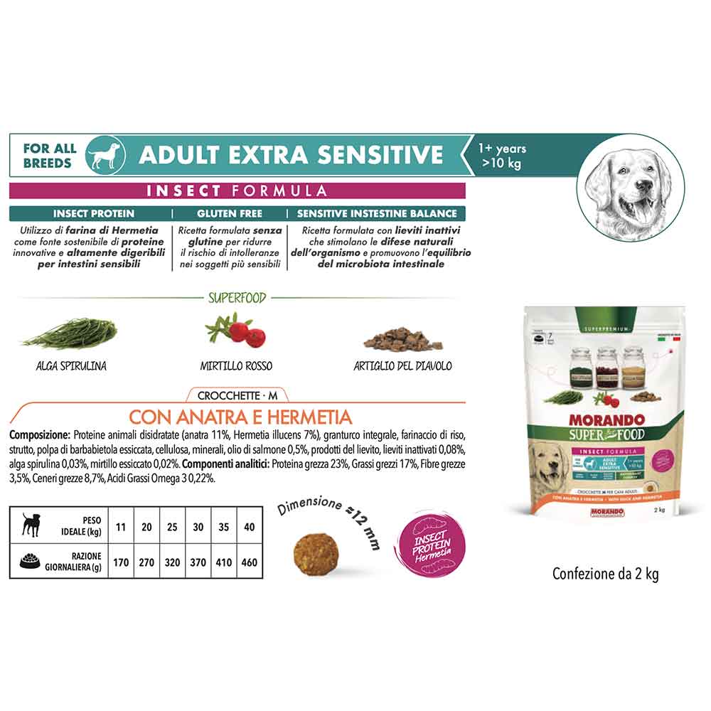 Morando Super Pet Food Adult Extra Sensitive Crocchette Ricche in Anatra e con Hermetia 2 Kg