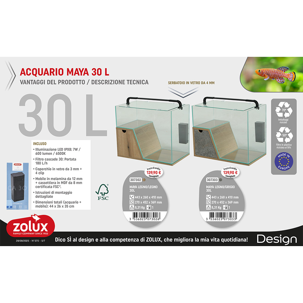 Zolux Maya Acquario con Filtro e Luce Legno/grigio 30Lt 44x26x35h cm