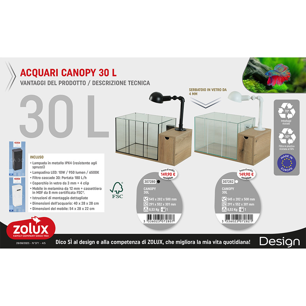 Zolux Canopy Acquario con Filtro e Luce Bianco 30Lt 40x28x28h cm