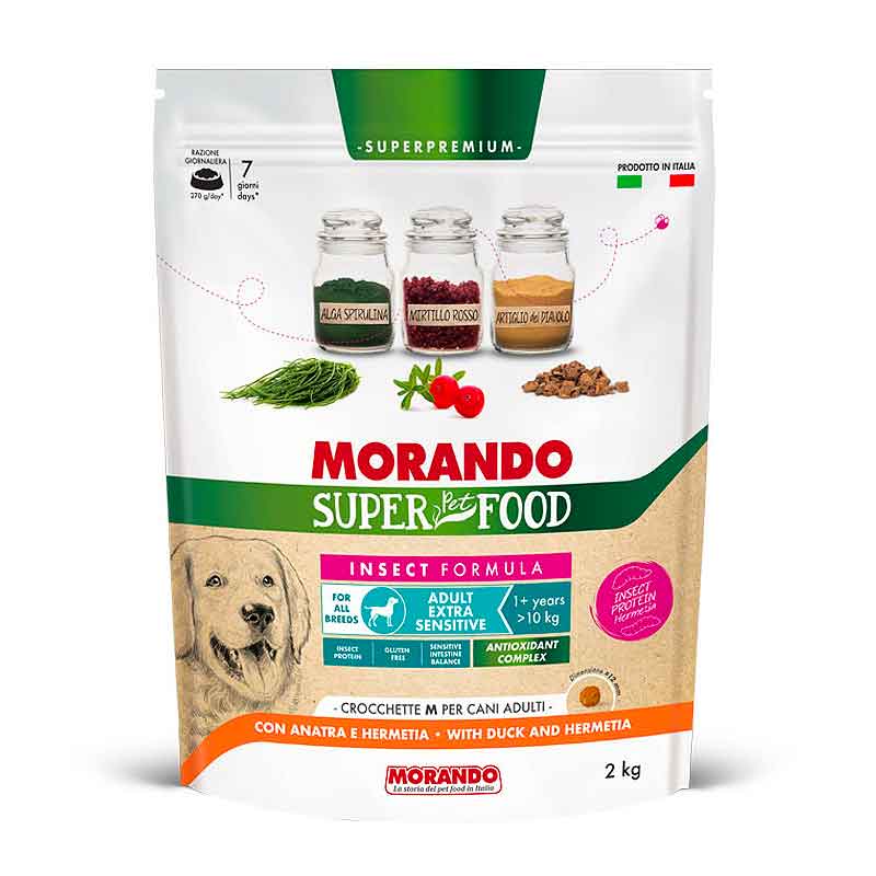 Morando Super Pet Food Crocchette Adult Extra Sensitive M per Cane Ricche in Anatra e con Hermetia 2Kg